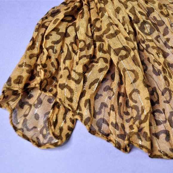 Silky Sheer Brown Leopard Scarf with thin Gold Foil Stripes - Picture 3 of 4